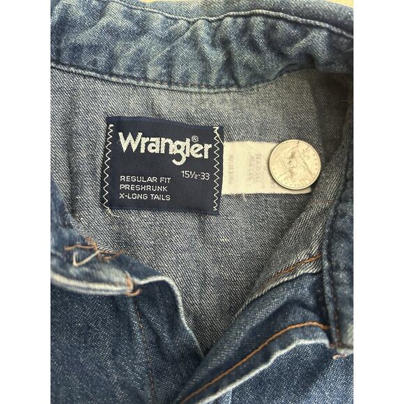 Vintage Wrangler Denim Pearl Snap Western Shirt Mens XL Sawtooth Blue Pockets - Picture 14 of 16